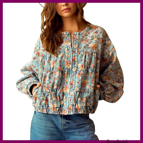 Oversized Denim Bomber Jacket Floral Print Boyfriend Style Women's Casual